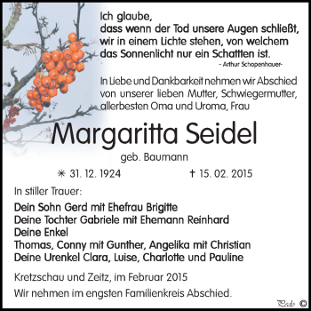 Traueranzeige von Margaritta Seidel von Super Sonntag Zeitz