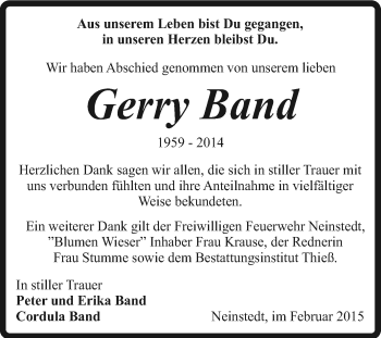 Traueranzeige von Gerry Band von Super Sonntag Quedlinburg