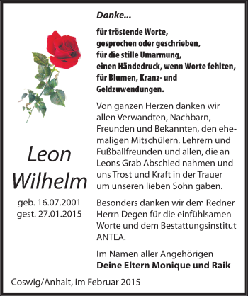 Traueranzeige von Leon Wilhelm von Mitteldeutsche Zeitung Wittenberg
