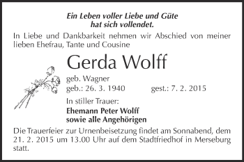 Traueranzeige von Gerda Wolff von WVG - Wochenspiegel Merseburg