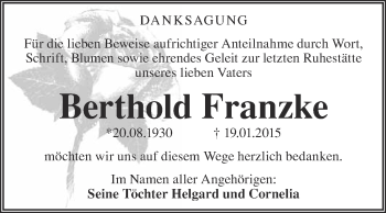 Traueranzeige von Berthold Franzke von WVG - Wochenspiegel Wittenberg