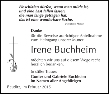 Traueranzeige von Irene Buchheim von Mitteldeutsche Zeitung Naumburg/Nebra