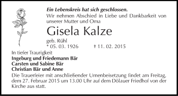 Traueranzeige von Gisela Kalze von Mitteldeutsche Zeitung Halle/Saalkreis