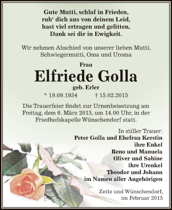 Traueranzeige von Elfriede Golla von Super Sonntag Zeitz
