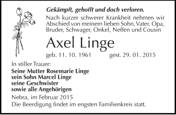 Traueranzeige von Axel Linge von Mitteldeutsche Zeitung Naumburg/Nebra