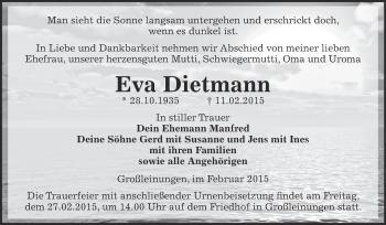 Traueranzeige von Eva Dietmann von Super Sonntag SGH Mansf. Land