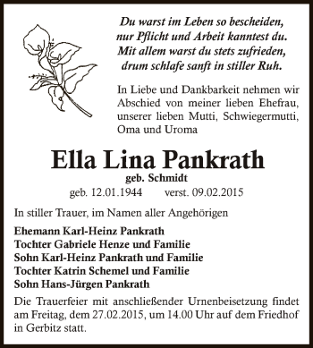 Traueranzeige von Ella Lina Pankrath von Super Sonntag Bernburg