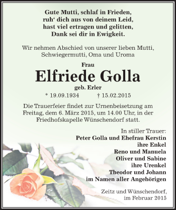 Traueranzeige von Elfriede Golla von Mitteldeutsche Zeitung Zeitz