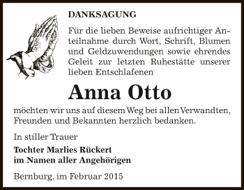 Traueranzeige von Anna Otto von Super Sonntag Bernburg