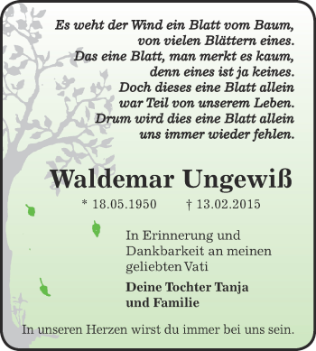 Traueranzeige von Waldemar Ungewiß von Super Sonntag Zeitz