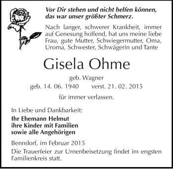 Traueranzeige von Gisela Ohme von Mitteldeutsche Zeitung Mansfelder Land