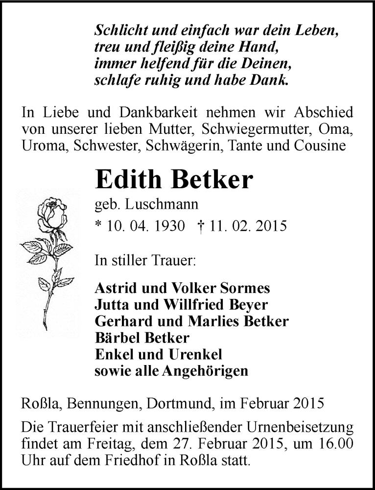  Traueranzeige für Edith Betker vom 24.02.2015 aus Mitteldeutsche Zeitung Sangerhausen