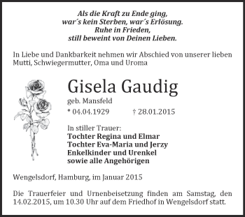 Traueranzeige von Gisela Gaudig von WVG - Wochenspiegel Merseburg