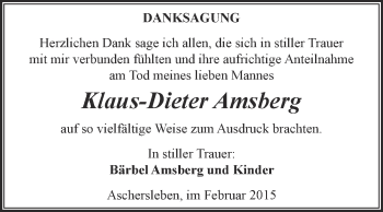 Traueranzeige von Klaus-Dieter Amsberg von Super Sonntag Aschersleben