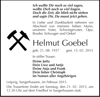 Traueranzeige von Helmut Goebel von Mitteldeutsche Zeitung Sangerhausen