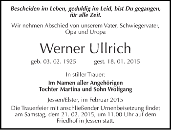 Traueranzeige von Werner Ullrich von Mitteldeutsche Zeitung Wittenberg
