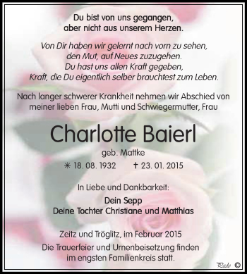 Traueranzeige von Charlotte Baierl von Super Sonntag Zeitz