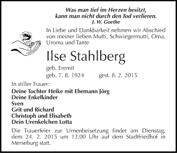 Traueranzeige von Ilse Stahlberg von Mitteldeutsche Zeitung Merseburg/Querfurt