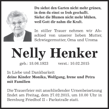 Traueranzeige von Nelly Henker von Super Sonntag Bernburg