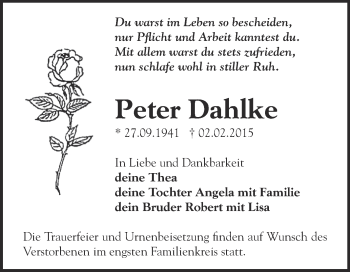 Traueranzeige von Peter Dahlke von WVG - Wochenspiegel Dessau / Köthen