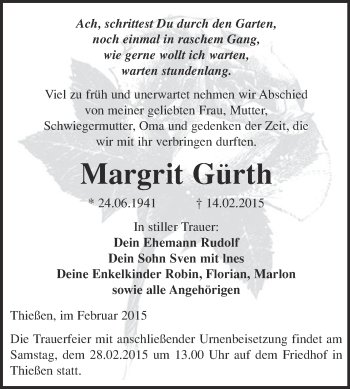 Traueranzeige von Margrit Gürth von Super Sonntag Wittenberg