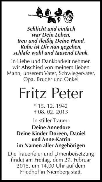 Traueranzeige von Fritz Peter von Mitteldeutsche Zeitung Halle/Saalkreis