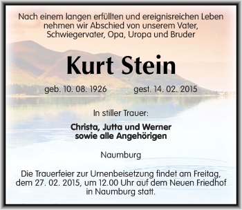 Traueranzeige von Kurt Stein von Mitteldeutsche Zeitung Naumburg/Nebra