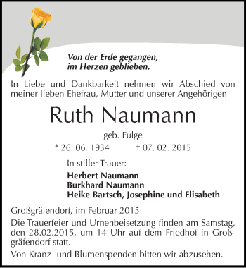 Traueranzeige von Ruth Naumann von Mitteldeutsche Zeitung Merseburg/Querfurt
