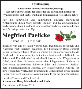 Traueranzeige von Siegfried Paelicke von Mitteldeutsche Zeitung Aschersleben