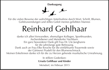 Traueranzeige von Reinhard Gehlhaar von Mitteldeutsche Zeitung Aschersleben
