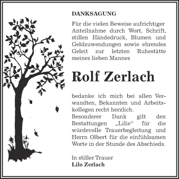 Traueranzeige von Rolf Zerlach von WVG - Wochenspiegel Dessau / Köthen