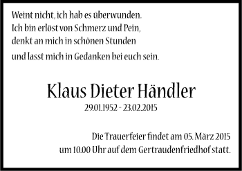 Traueranzeige von Klaus Dieter Händler von Mitteldeutsche Zeitung Halle/Saalkreis