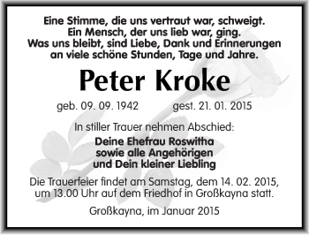 Traueranzeige von Peter Kroke von Mitteldeutsche Zeitung Merseburg/Querfurt