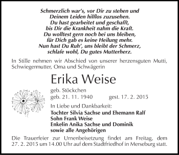 Traueranzeige von Erika Weise von Mitteldeutsche Zeitung Merseburg/Querfurt