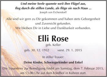 Traueranzeige von Elli Rose von Mitteldeutsche Zeitung Köthen