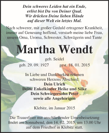 Traueranzeige von Martha Wendt von WVG - Wochenspiegel Wittenberg