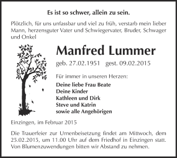 Traueranzeige von Manfred Lummer von Super Sonntag SGH Mansf. Land