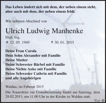 Traueranzeige von Ulrich Ludwig Manhenke von Mitteldeutsche Zeitung Zeitz