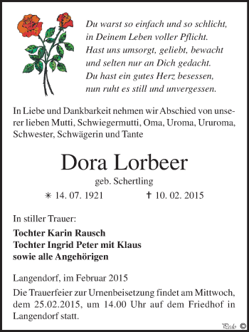 Traueranzeige von Dora Lorbeer von WVG - Wochenspiegel NMB / WSF / ZTZ