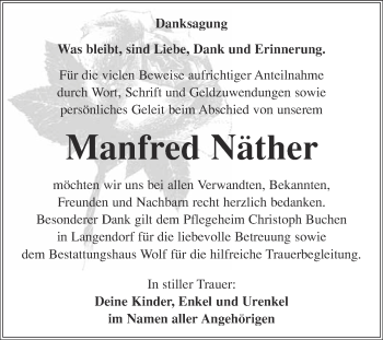 Traueranzeige von Manfred Näther von WVG - Wochenspiegel NMB / WSF / ZTZ