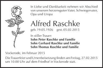 Traueranzeige von Alfred Raschke von Super Sonntag Wittenberg