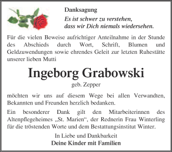 Traueranzeige von Ingeborg Grabowski von WVG - Wochenspiegel Bitterfeld