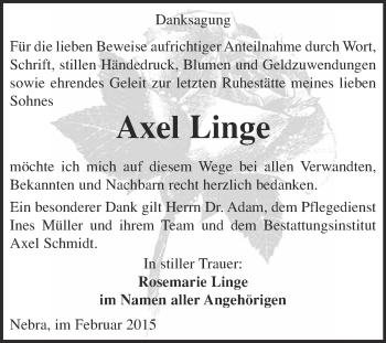 Traueranzeige von Axel Linge von WVG - Wochenspiegel NMB / WSF / ZTZ