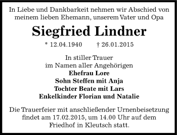 Traueranzeige von Siegfried Lindner von Mitteldeutsche Zeitung Dessau-Roßlau