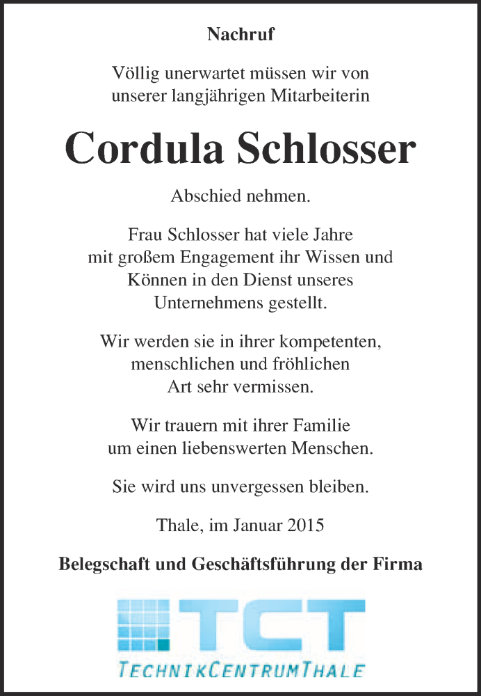  Traueranzeige für Cordula Schlosser vom 01.02.2015 aus Super Sonntag Quedlinburg
