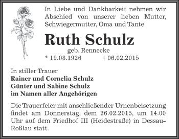 Traueranzeige von Ruth Schulz von WVG - Wochenspiegel Dessau / Köthen