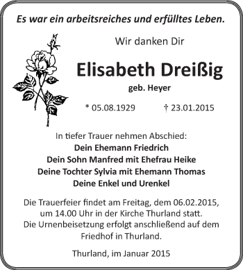 Traueranzeige von Elisabeth Dreißig von Super Sonntag Dessau / Köthen