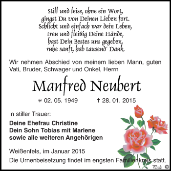 Traueranzeige von Manfreb Neubert von WVG - Wochenspiegel NMB / WSF / ZTZ