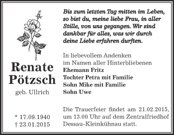 Traueranzeige von Renate Pötzsch von WVG - Wochenspiegel Dessau / Köthen