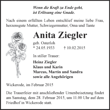 Traueranzeige von Anita Ziegler von Super Sonntag SGH Mansf. Land